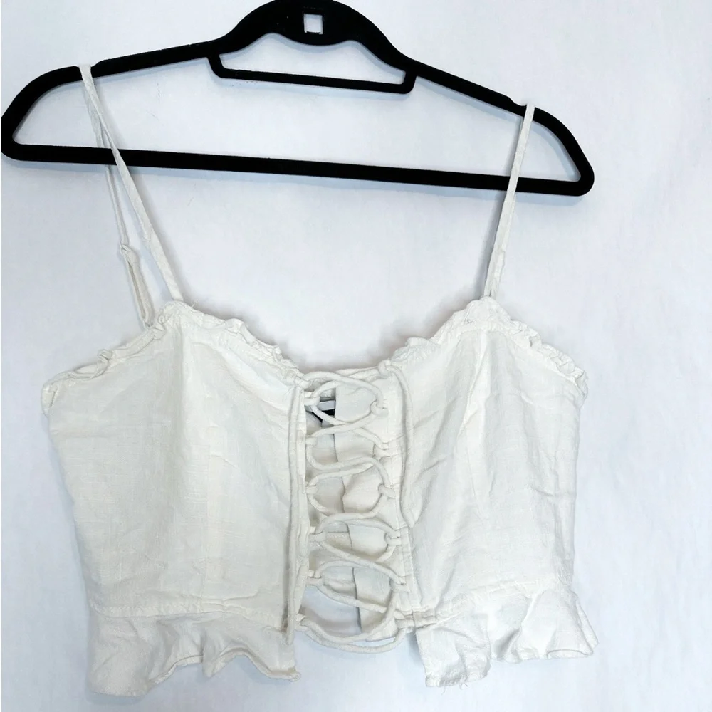Princess Polly Daphne Linen Spaghetti Strap Ruffle Crop Top in US Size 10